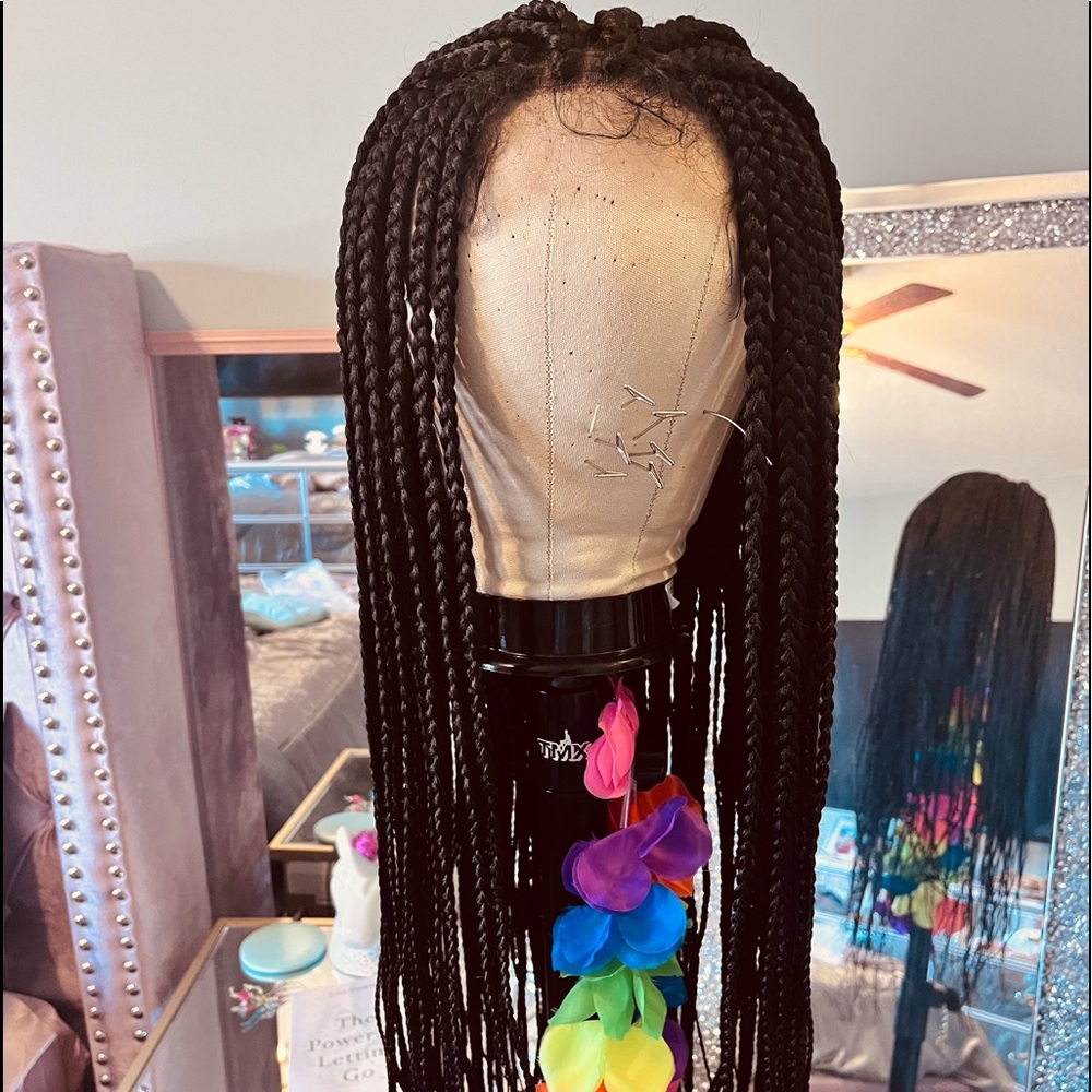 Beautiful 32” full lace knotless box braid HD lace wigs with baby hair.